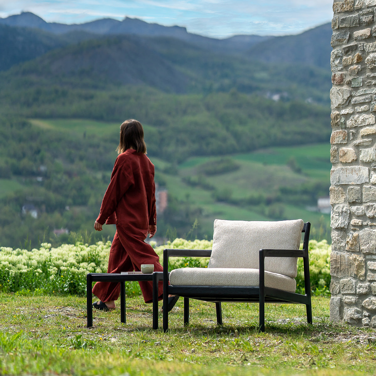 Chaise longue d'extérieur en tissu Jack (teck noir, naturel, 76 cm)