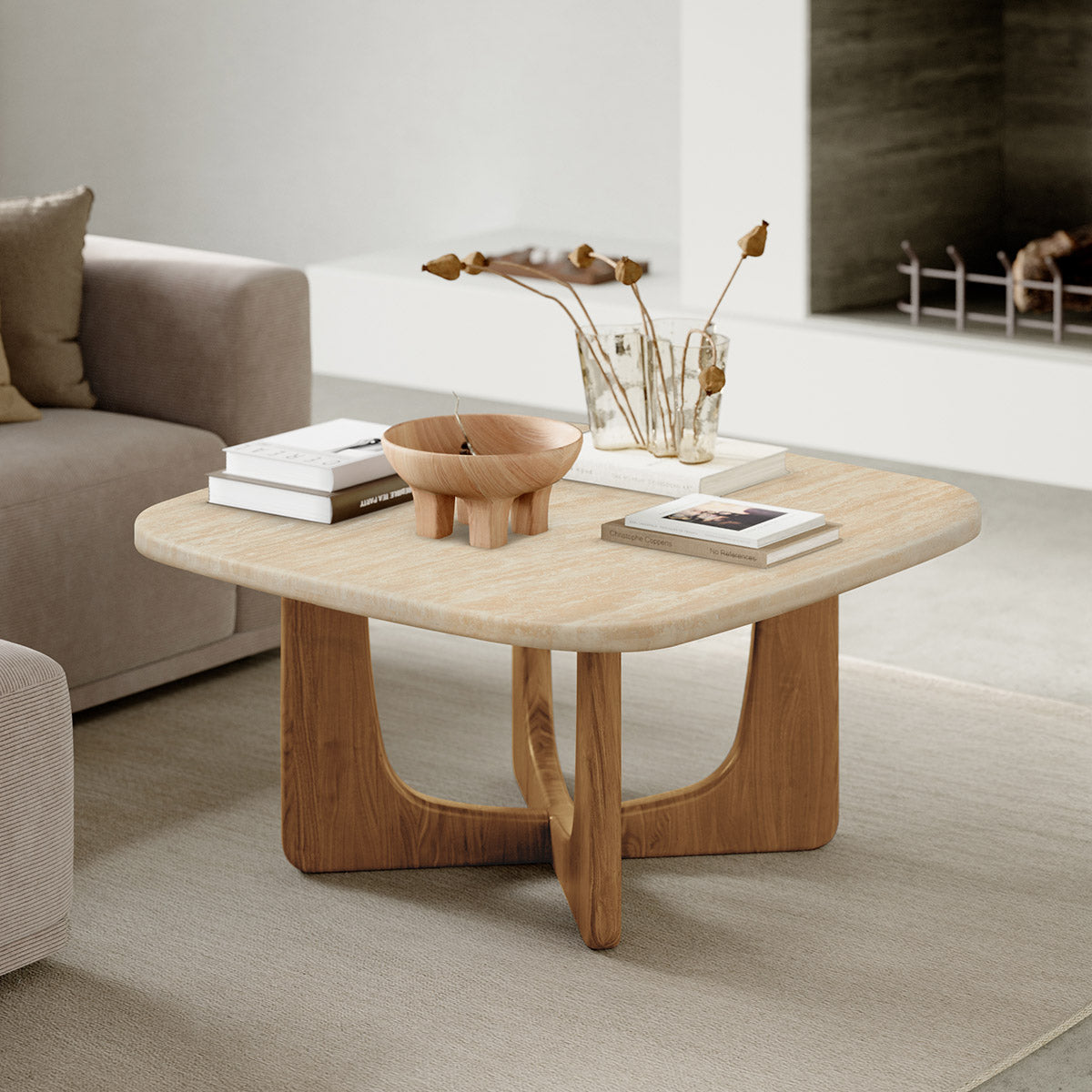 Table basse en travertin Pierro (chêne, travertin)