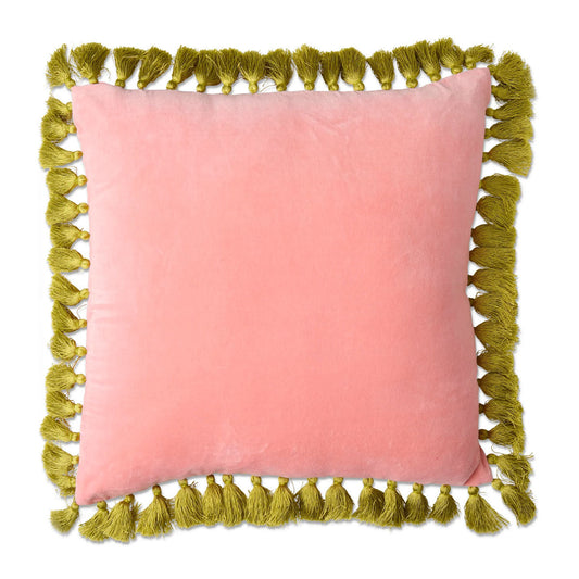 Coussin à pompons en velours rose citron