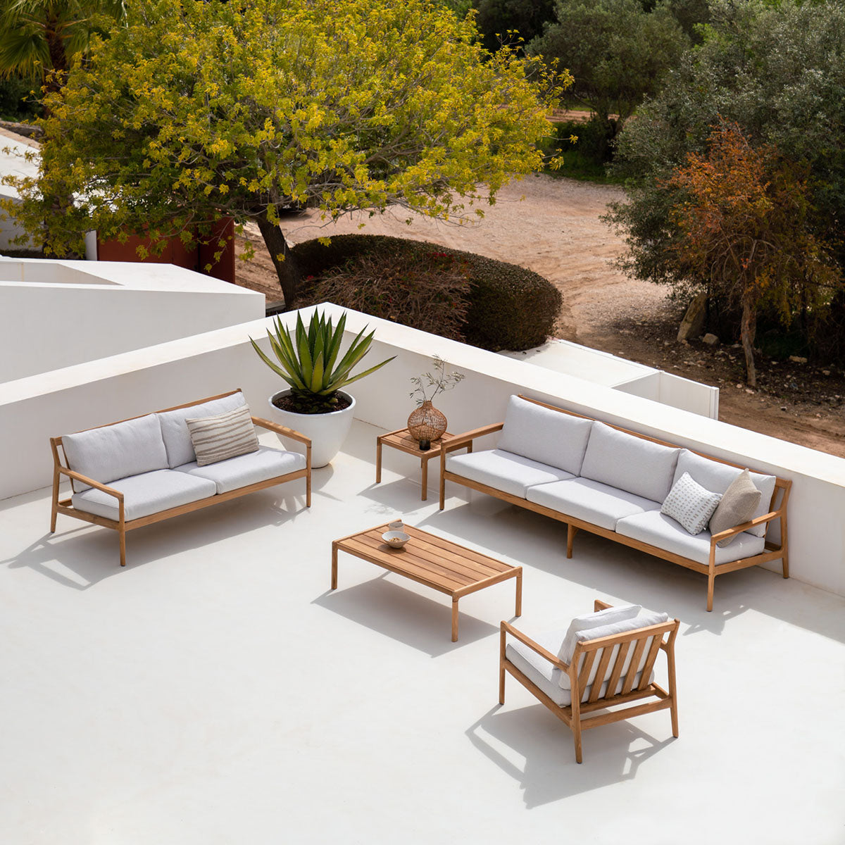 Chaise longue d'extérieur en tissu Jack (teck, blanc cassé)