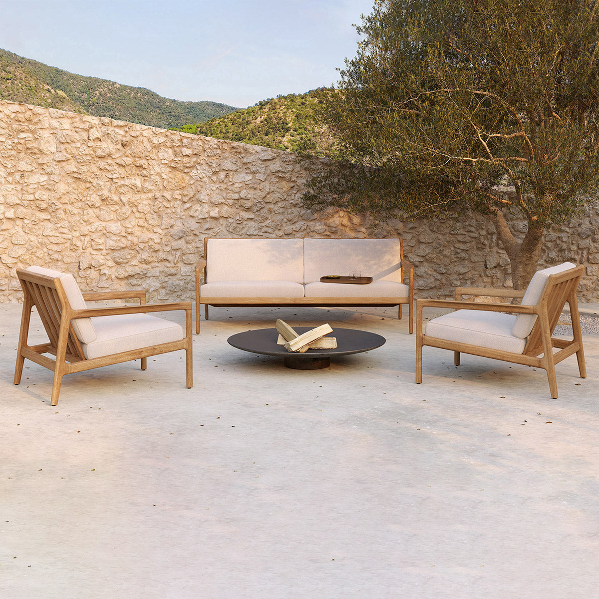 Chaise longue d'extérieur en tissu Jack (teck, blanc cassé)