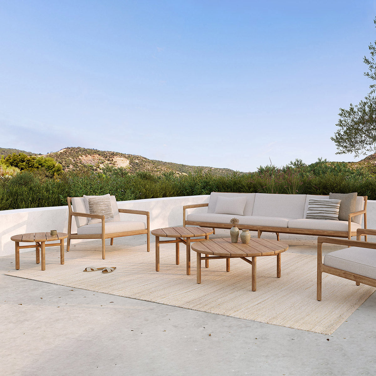 Chaise longue d'extérieur en tissu Jack (teck, blanc cassé)