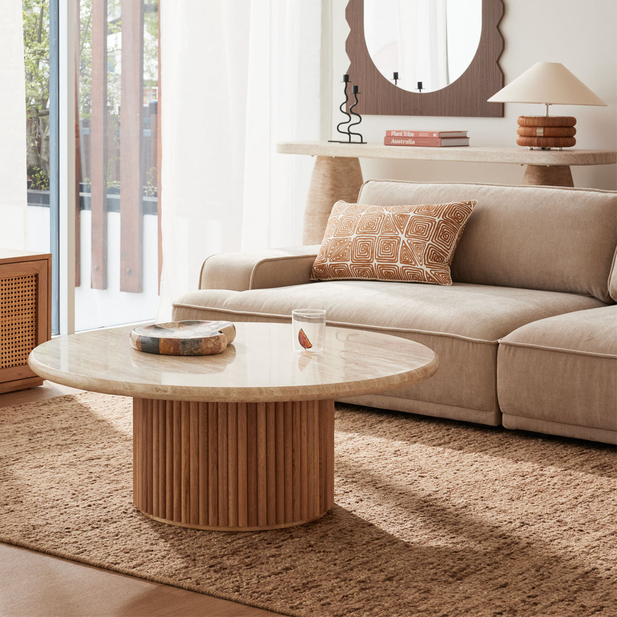 Table basse Cosmos (chêne, travertin, 100 cm)