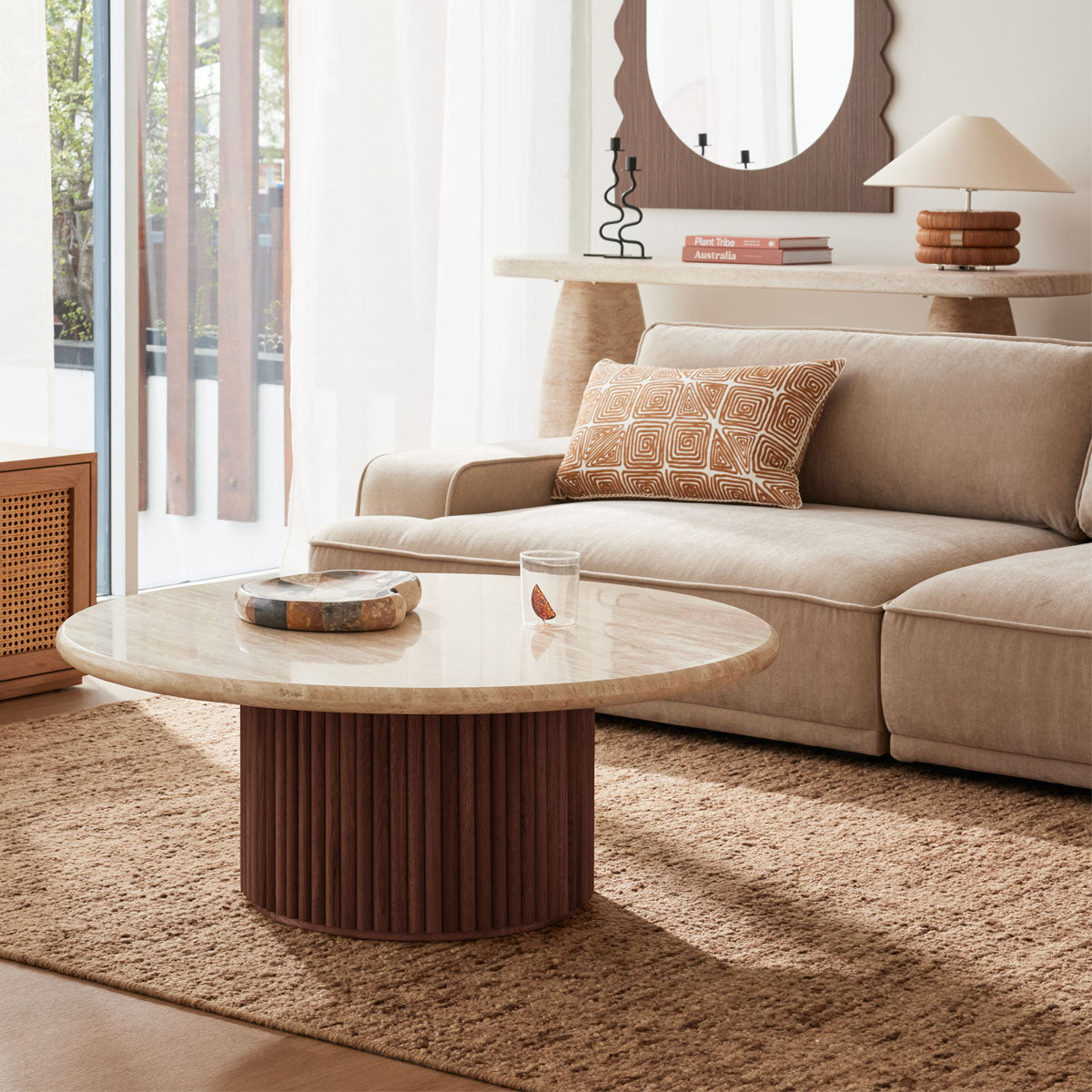 Table basse Cosmos (noyer, travertin, 100 cm)