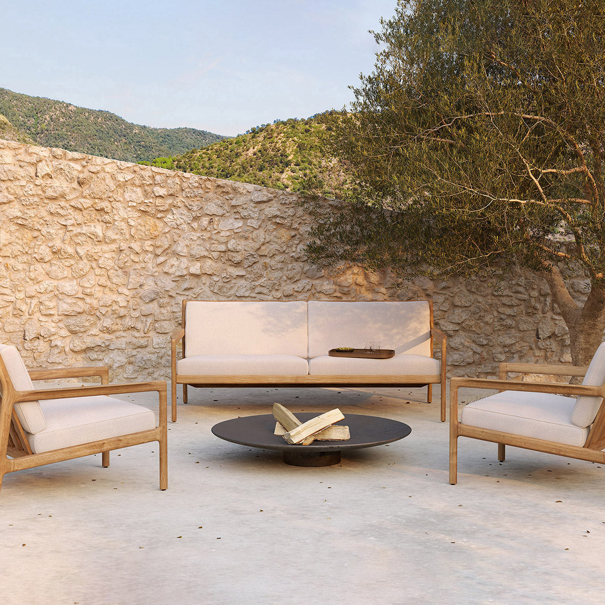 Canapé d'extérieur Jack 3 places en tissu (teck, blanc cassé)